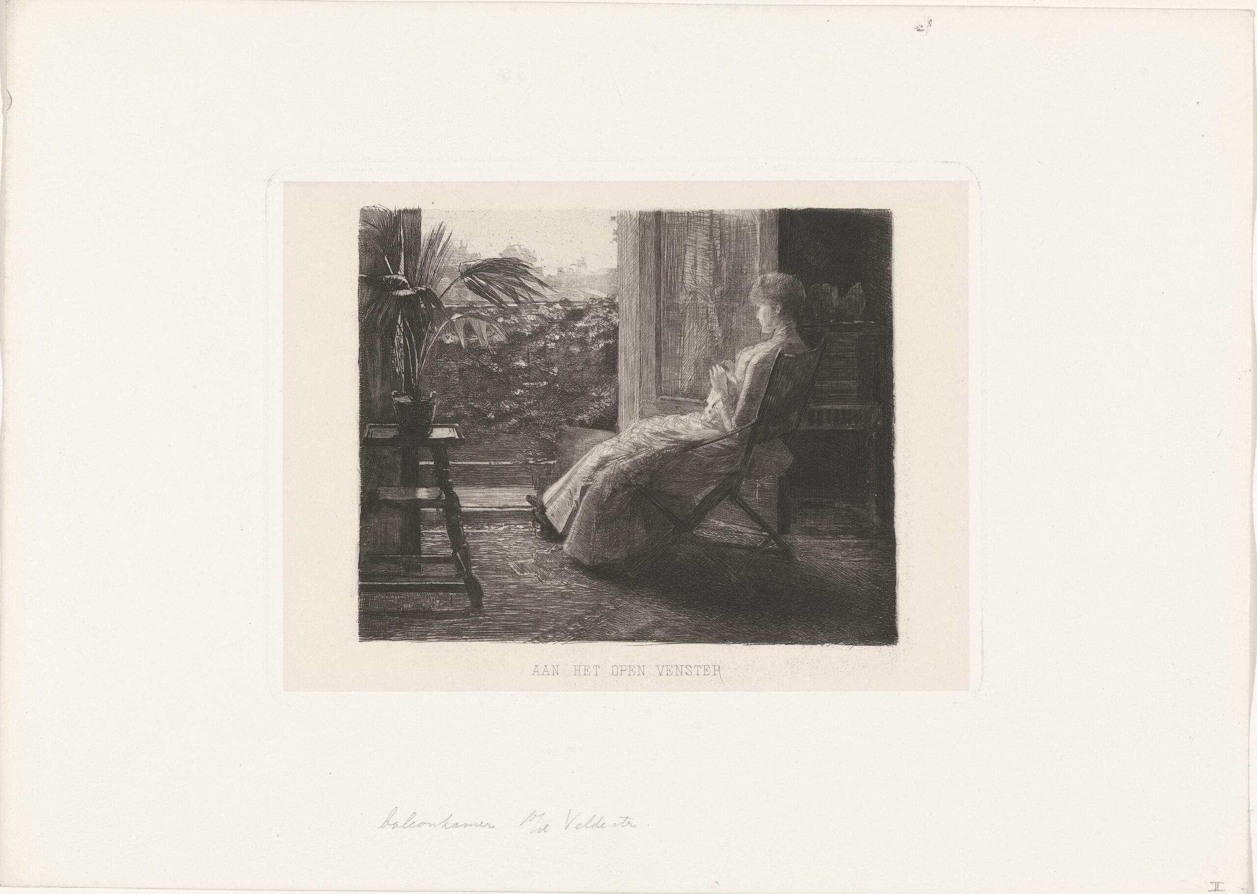 Jonge vrouw, bordurend, bij het open raam