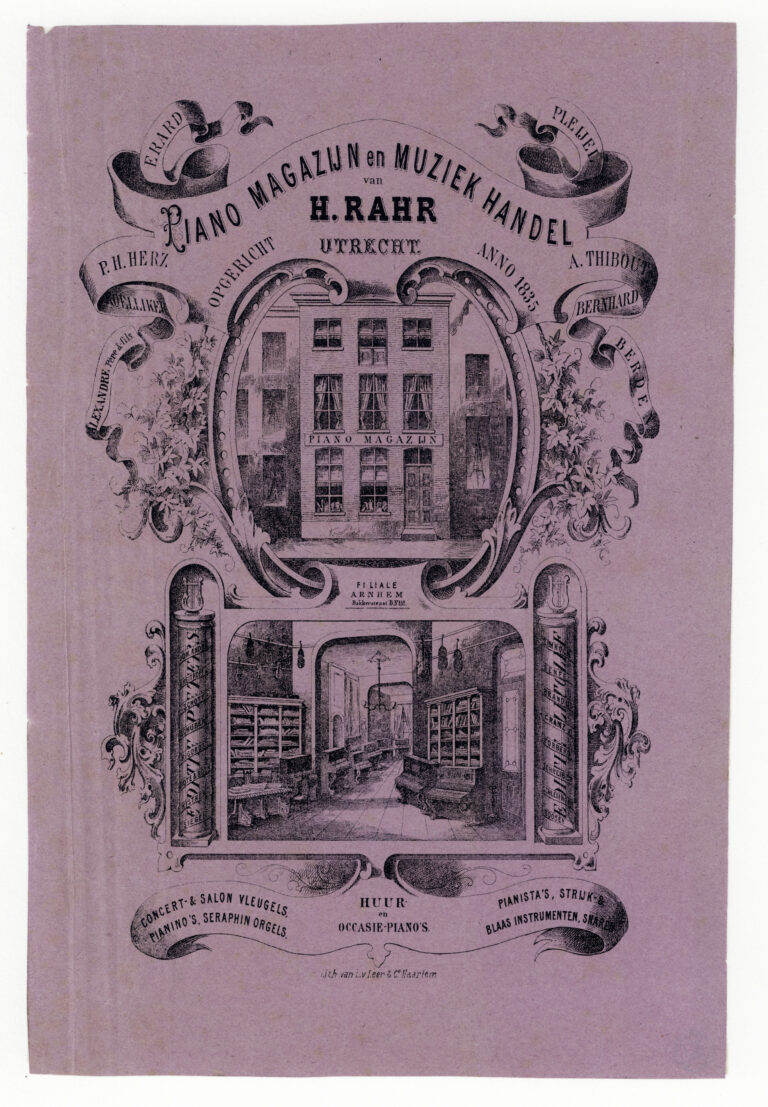 De voorgevel en het interieur van Pianohandel H. Rahr