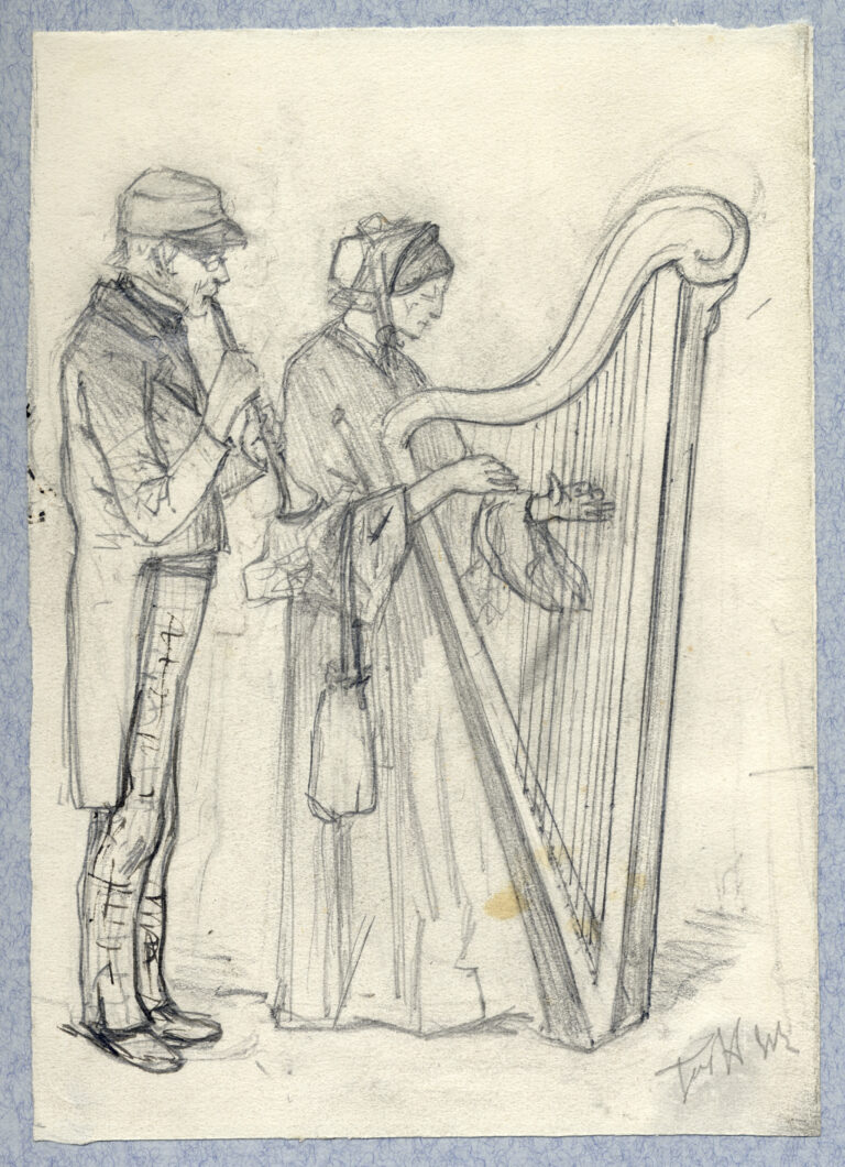 Een fluitspelende man en een harpspelende vrouw